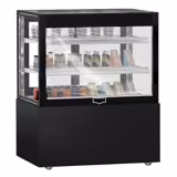 Vitrine à pâtisserie réfrigérée MADRID Self-Service - 435L - 1000mm - Double vitrage - avec 2 étagères en verre - portes coulissantes vitrées arrière - avec rideau de nuit - pour pâtisseries - Pour FR - Noir mat