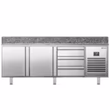 Commercial Pizza Prep Counter - Granite Top PREMIUM PLUS - 1980x1139mm - with 2 doors & 3 drawers - incl. refrigerated topping unit - 10x GN 1/4