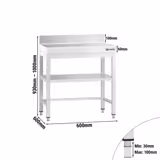 Mesa de trabajo de acero inox.  PREMIUM - 0,6 m - con zócalo, estante intermedio y travesaños bajos