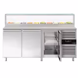 Saladette réfrigérée PREMIUM - 2020mm - 3 portes - avec vitrine de comptoir pour 10x GN 1/3 & 1 étagère - plan de travail en granit noir