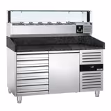Table réfrigérée à pizza PREMIUM - 1500x800 mm - avec 1 porte & 7 tiroirs - incl. vitrine réfrigérée LED - 5x GN 1/3 + 1x GN 1/2