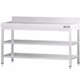 Mesa de trabajo de acero inoxidable mural PREMIUM - 1600x600mm - con estante inferior y peto trasero y estante intermedio y refuerzo omega