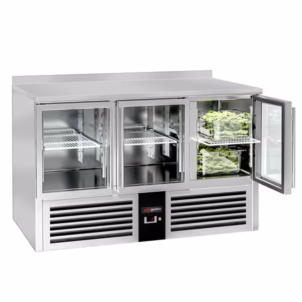 Tavolo refrigerato PREMIUM - 1368x700mm - Statica - 368 L - con 3 porte in vetro - Alzatina