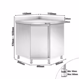 Tavolo armadiato ad angolo in acciaio inox PREMIUM - 1150x1150mm - con porta a battente - con alzatina