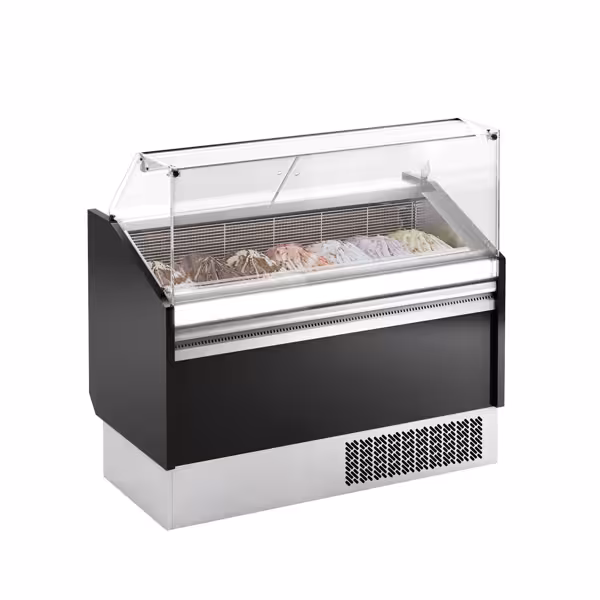 Vetrina Gelato LEVI - 1310mm - Refrigerazione statica - con Illuminazione LED - per 7+7x Vasca da gelato da 5 Litri - Sbrinamento automatico - Nero