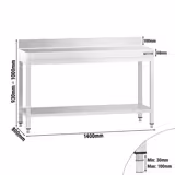 Tavolo da lavoro in acciaio inox PREMIUM - 1400x800mm - con ripiano inferiore & alzatina & traversi di rinforzo