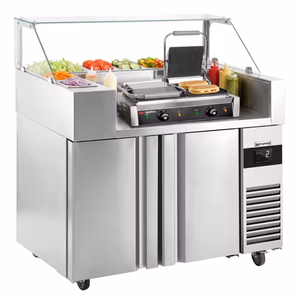 Saladette refrigerata professionale - 1210x700mm - 2 porte - per 9x GN 1/6 vaschette - incl. griglia a contatto