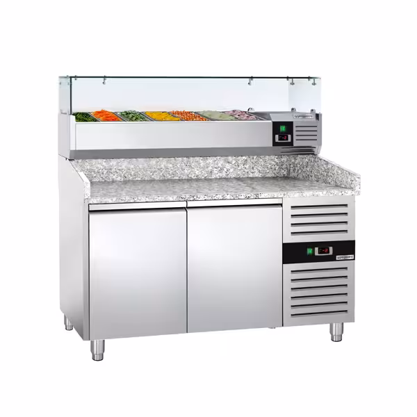 Pizzawerkbank ECO - 1500x800mm - met granieten werkblad - met 2 deuren - incl. glasvitrine - 7x GN 1/4