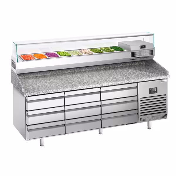 Pizzakühltisch Premium PLUS - 1980x700mm - mit 9 Schubladen - inkl. Kühlaufsatzvitrine - 9x GN 1/4
