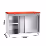 Tavolo armadiato in acciaio inox PREMIUM - 1400x800 mm - con anta scorrevole senza alzatina, incl. tagliere	