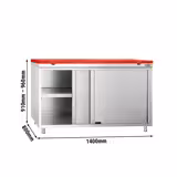Mesa armario inox PREMIUM - 1400x800mm - con puertas correderas & con estante intermedio - incl. Tabla de corte Rojo