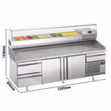 Commercial Pizza Prep Counter - Granite Top PREMIUM PLUS - 3305x800mm - with 3 doors & 3 drawers - incl. refrigerated topping unit with glass sneeze guard - 10x GN 1/3
