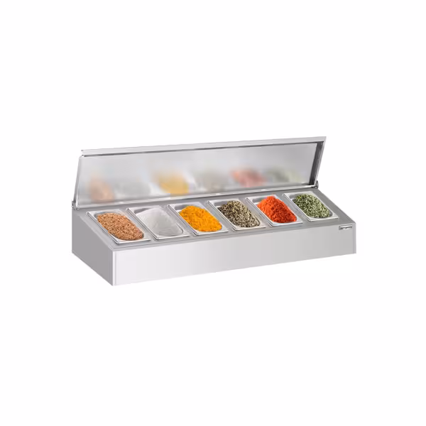 Commercial Condiment Holder - 6x GN 1/4 - with Pans & Lids - 120cm