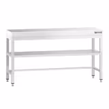 Mesa de trabajo de acero inox.  PREMIUM 1,6 m - con estante intermedio y travesaños bajos