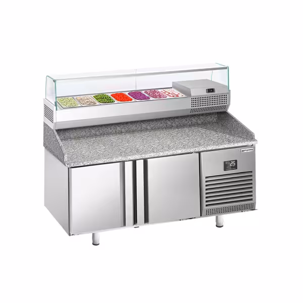 Pizzawerkbank PREMIUM PLUS - 1738x800mm - met granieten werkblad - met 2 deuren - incl. glasvitrine - 7x GN 1/4