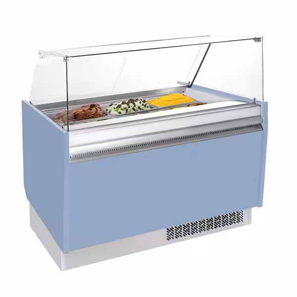 Vitrină pentru înghețată LIAM - 1310 mm - statică - cu iluminare LED & dezghețare automată - pentru 10+10x cuve de 5 litri pentru înghețată - albastru deschis