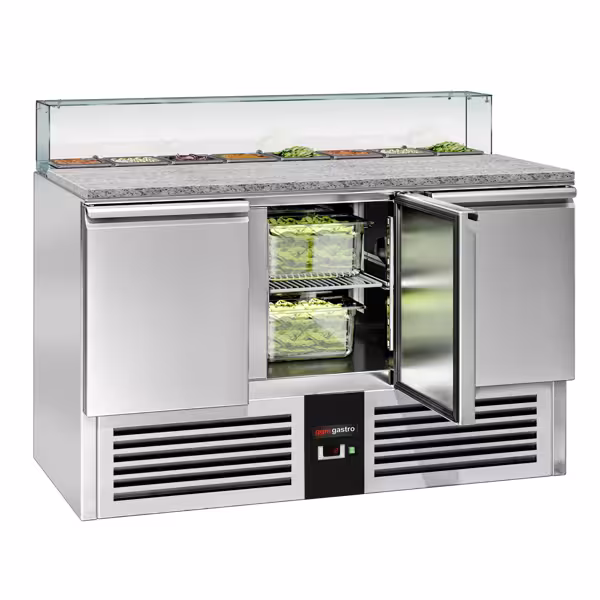 Saladetă PREMIUM - 1368 mm - 3 uși - cu vitrină ingrediente din sticlă dreaptă pentru 8x GN 1/6 - 368 l