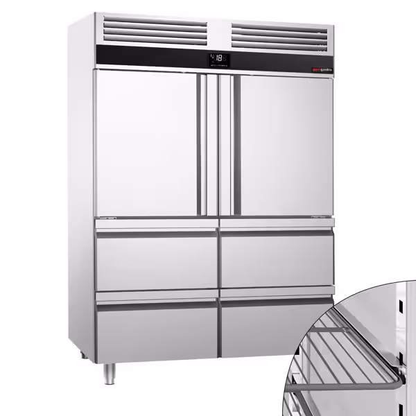 Vrieskast RVS PREMIUM - GN 2/1 - 1400liter - tot -20°C tot -10°C - met 2 halve deuren & 4 laden - geforceerde koeling, LED‑verlichting & automatische ontdooiing