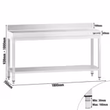 Mesa de trabalho PREMIUM - em Aço Inoxidável  - 1,8 m - com estrutura e prateleira de base e com rebordo posterior