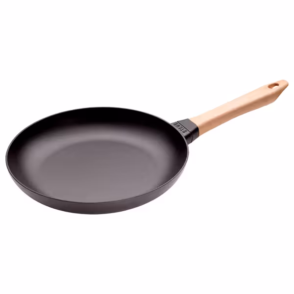 STAUB| Round Bare Cast Iron Frying Pan, Wooden Handle – Ø 28 cm - Black, Smooth Base, No Pour Spout, Hanging Eye