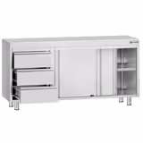 Table armoire en acier inoxydable ECO - 1600x600mm - avec 3 tiroirs à gauche et portes coulissantes et étagère basse