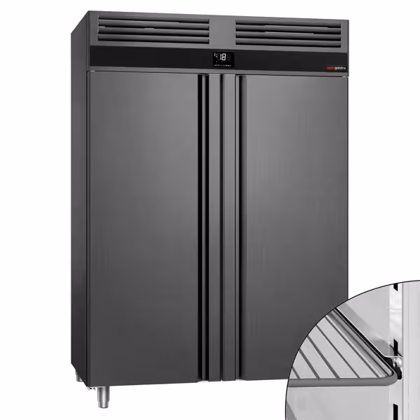 Vrieskast RVS PREMIUM - GN 2/1 - 1400mm - 1400liter - tot -20°C tot -12°C - met 2 glazen deuren - geforceerde koeling, automatische ontdooiing, LED‑verlichting & legroosters - Anthrazit