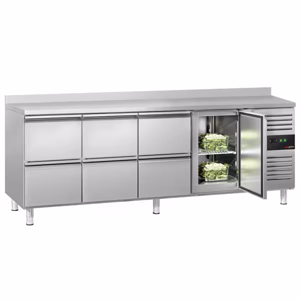 Tavolo refrigerato ECO - 2230x700mm - Ventilata - 553 L - con 1 porta battente - con 6 cassetti - Alzatina