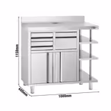 Commercial Work Cabinet - Coffee Machine Cabinet PREMIUM – Stainless Steel – Knock Box – 2 Doors – 2 Drawers – Right 3-Tier Shelf – 1000×600 mm