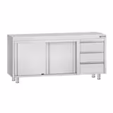 Table armoire en acier inoxydable ECO - 1800x600mm - avec portes coulissantes et 3 tiroirs à droite et étagère basse