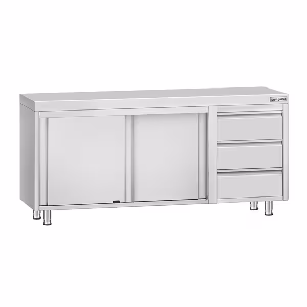 Gesloten RVS werktafel ECO - 1800x600mm - met schuifdeuren, 3 laden rechts