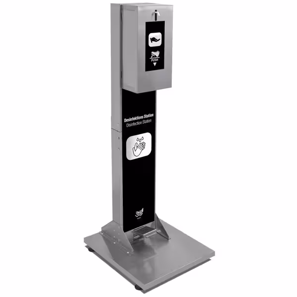Estación de desinfección - Acero inoxidable - con soporte de pie, con pedal, con cartela A4, para gel hidroalcohólico