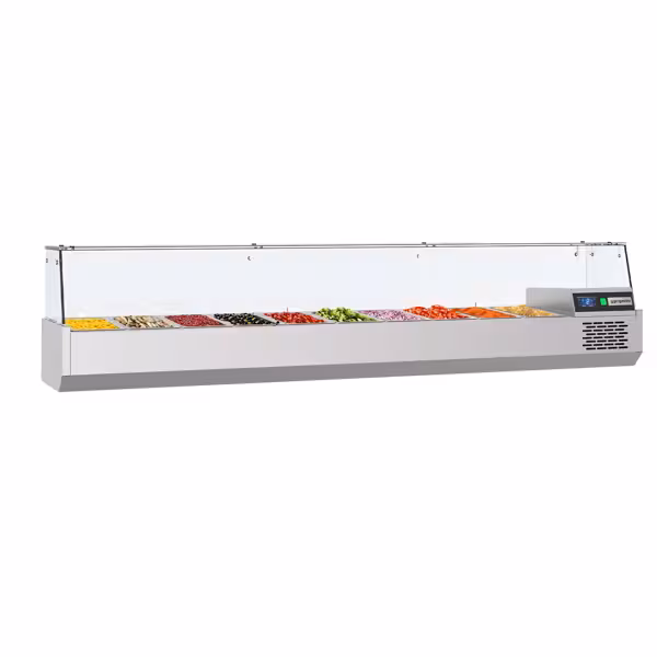 Commercial Countertop Refrigerated Pizza Prep Display with Glass Top PREMIUM – 10× GN 1/3 - 2100×390 mm