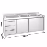 Móvel lava-loiça - 2000x700mm - com 3 gavetas e 2 lavatórios à direita