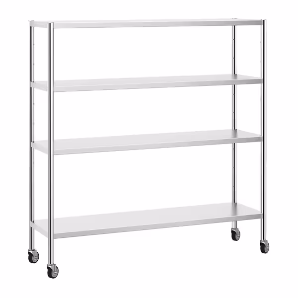 RVS stelling PREMIUM - 1800x500mm - met 4 legborden (in hoogte verstelbaar) - incl. wielenset 4 st. - Draagvermogen per schap: 80kg
