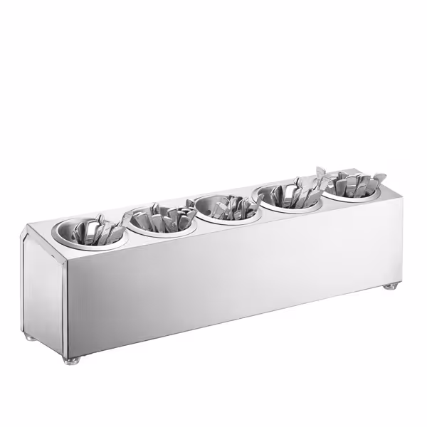 Bestekkorfhouder - voor 5 bestekbekers - incl. 5 RVS bekers - RVS - 630x150mm - hoogte: 180mm