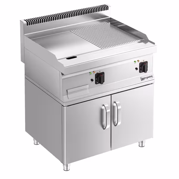 Elektrische bakplaat - 9kW - 1/2 glad 1/2 geribbeld - Bakoppervlak: 595x500mm - met onderbouw met 2 deuren