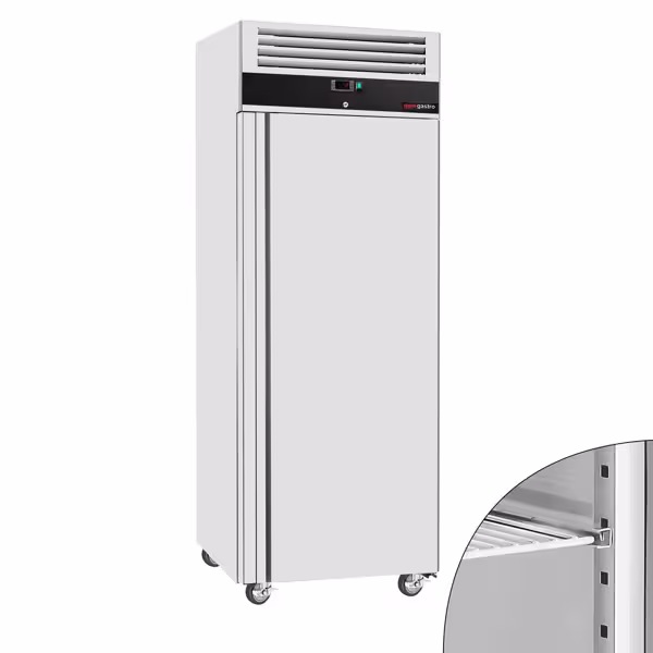 Commercial Upright Fridge Stainless steel ECO - GN 2/1 - 440L - with 1 door & Rails & support grids - On castors
