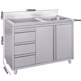 Lavello armadiato ECO - in acciaio inox - 1200x700mm - 3 cassetti - 1 vasca a destra