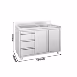 Móvel de lavagem em aço inoxidável Profissional ECO - 1200x700mm - com 1 cuba à direita - com escorredor à esquerda - 3 gaveta(s)