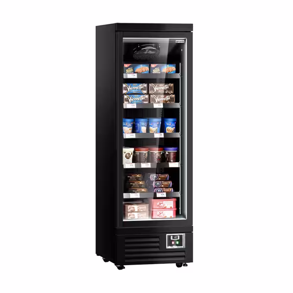 Espositore murale congelatore - 630mm - 443l - -18°/-22°C - con 1 porte a battente in vetrocamera & 5 ripiani - Nero