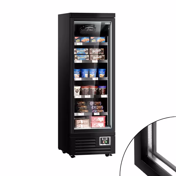 Commercial multideck display freezer - 630mm - 443L - with 1 double‑glazed hinged glass door & 5 shelves - Black