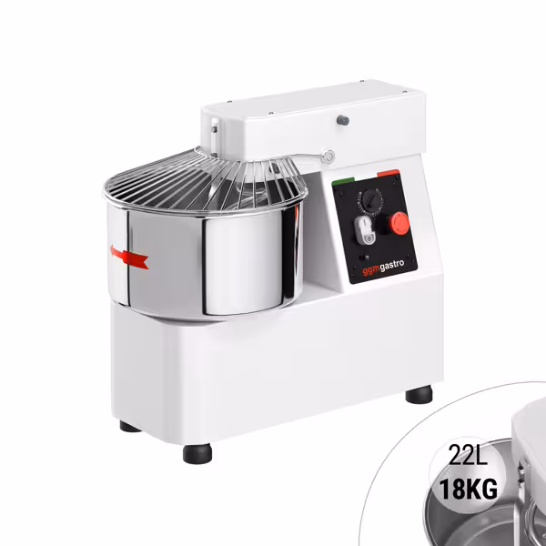 Impastatrice a spirale professionale - 22L / 18kg - 1 velocità - testa fissa - con timer - 230V monofase - per impasti ad alta idratazione