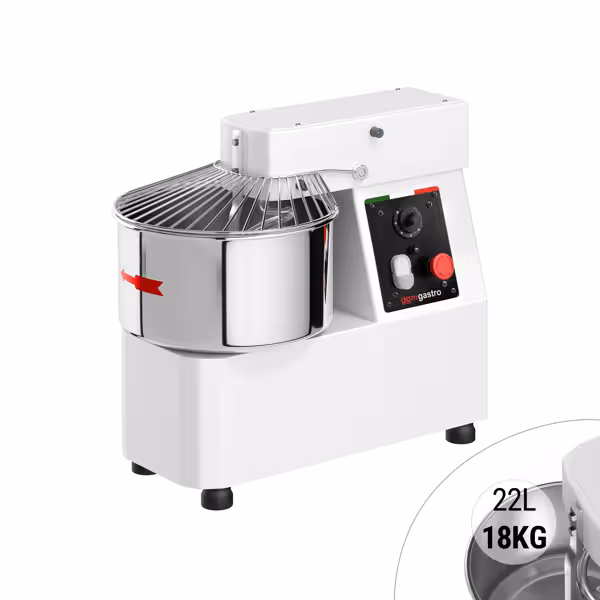 Spiral Dough Mixer - 22L / 18kg - Single Speed - Fixed Head & Bowl - with Timer - 230V - For Bread Dough