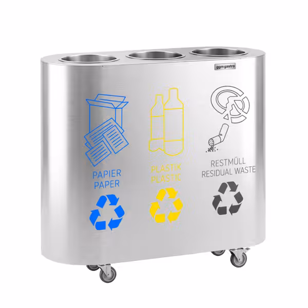 Waste sorting system – 3 bins, 30 litres each – stainless steel