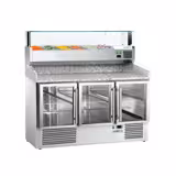 Commercial Pizza Prep Counter - Granite Top PREMIUM - 1400x700mm - with 3 glass doors - incl. refrigerated topping unit with glass sneeze guard LED - 6x GN 1/4