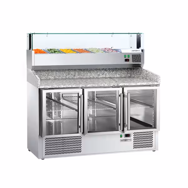 Pizzakühltisch PREMIUM - 1400x700mm - 3 Glastüren - inkl. Kühlaufsatzvitrine - 6x GN 1/4