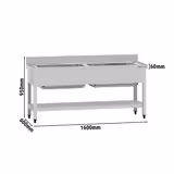 RVS spoeltafel ECO - 1600x600mm - met onderblad - met 2 spoelbakken