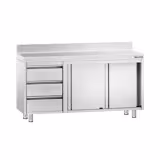 Szafka robocza ze stali nierdzewnej PREMIUM - 1400x600mm - z drzwiami suwanymi, 3 szuflady po lewej stronie, z rantem