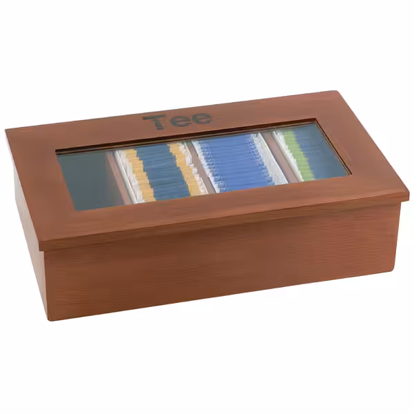 Wooden Tea Box - 4 Compartments - with Viewing Window (Acrylic Lid) & Engraving - Dark Wood