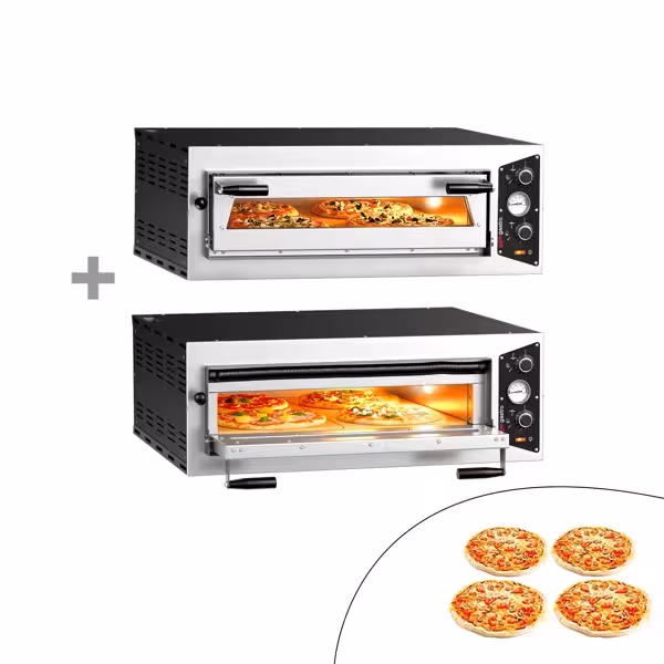 (2 db) Elektromos pizzakemence - 917x884x690 mm - 4+4x Ø 30 cm - max. 450 °C - mechanikus